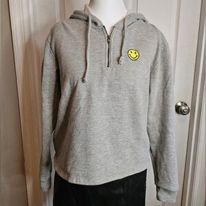 Rebellious One Gray Zip-Up Cropped Hoodie with Smiley Face Size Small